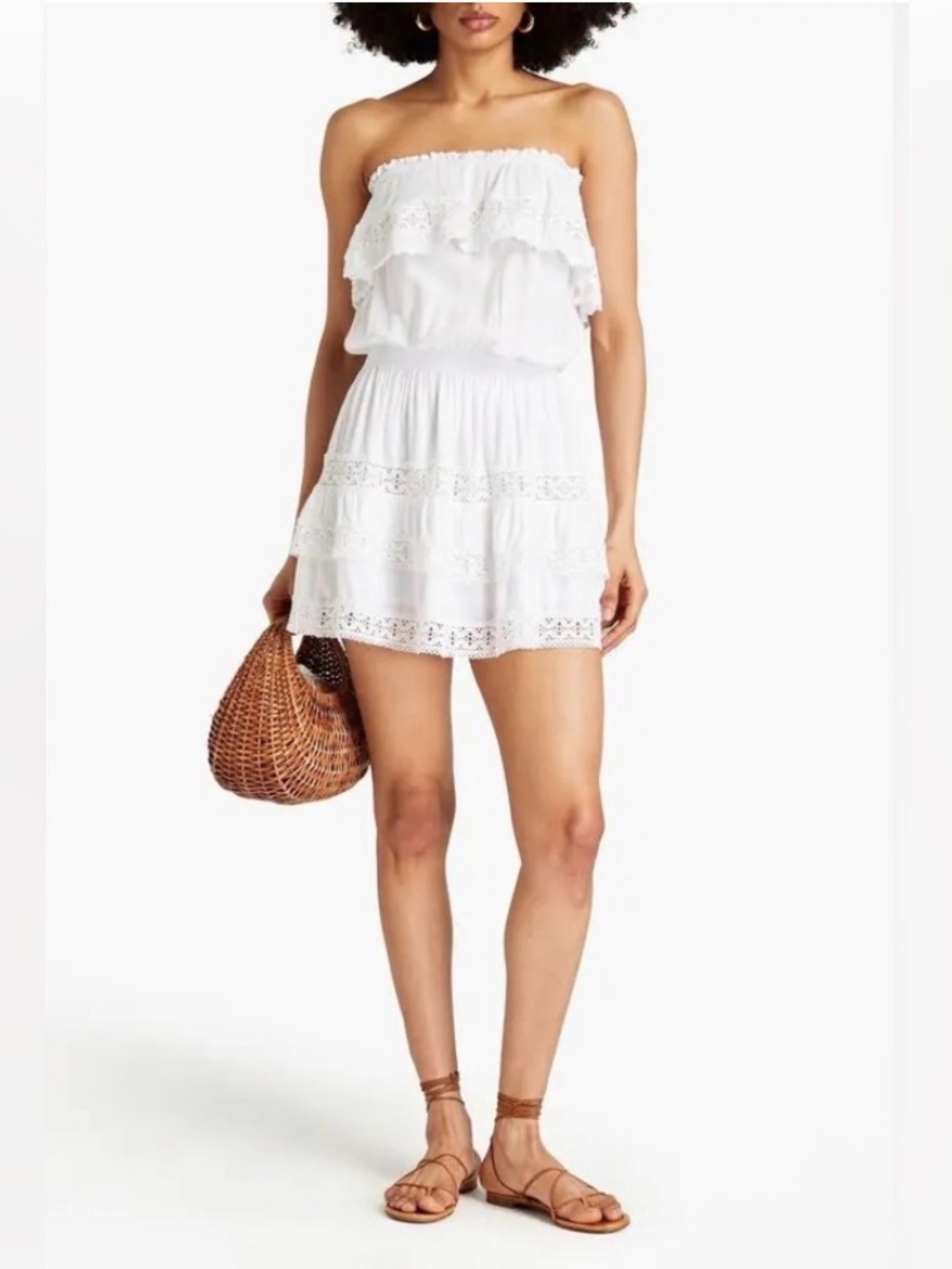 Melissa Odabash Salma Strapless Macramé Lace-trimmed Woven Mini Dress size large - Picture 4 of 10